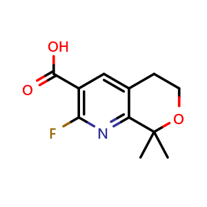 Chemical structure of 2-fluoro-8,8-dimethyl-5,6-dihydropyrano[3,4-b]pyridine-3-carboxylic acid , CAS 2609742-35-8, AChemBlock U134521