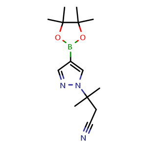 Chemical structure of 3-methyl-3-[4-(4,4,5,5-tetramethyl-1,3,2-dioxaborolan-2-yl)pyrazol-1-yl]butanenitrile , CAS 2612300-90-8, AChemBlock U134525