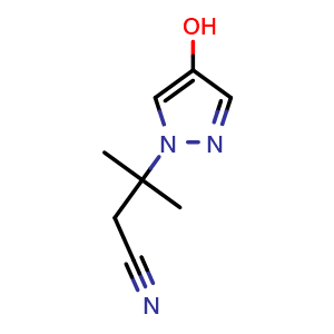 Chemical structure of 3-(4-hydroxypyrazol-1-yl)-3-methyl-butanenitrile , CAS 2612300-91-9, AChemBlock U134526