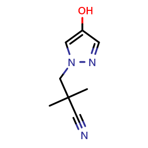 Chemical structure of 3-(4-hydroxypyrazol-1-yl)-2,2-dimethyl-propanenitrile , CAS 2612300-99-7, AChemBlock U134527