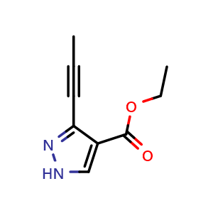 Chemical structure of ethyl 3-prop-1-ynyl-1H-pyrazole-4-carboxylate , CAS 2612301-02-5, AChemBlock U134528