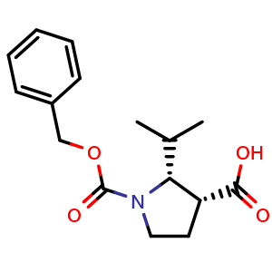 Chemical structure of (2R,3R)-1-benzyloxycarbonyl-2-isopropyl-pyrrolidine-3-carboxylic acid , CAS 2639375-57-6, AChemBlock U134555