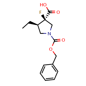 Chemical structure of (3R,4R)-1-benzyloxycarbonyl-4-ethyl-3-fluoro-pyrrolidine-3-carboxylic acid , CAS 2639378-24-6, AChemBlock U134557