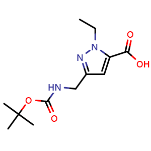 Chemical structure of 5-[(tert-butoxycarbonylamino)methyl]-2-ethyl-pyrazole-3-carboxylic acid , CAS 2639440-62-1, AChemBlock U134566