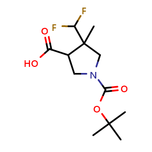 Chemical structure of 1-tert-butoxycarbonyl-4-(difluoromethyl)-4-methyl-pyrrolidine-3-carboxylic acid , CAS 2639444-20-3, AChemBlock U134568