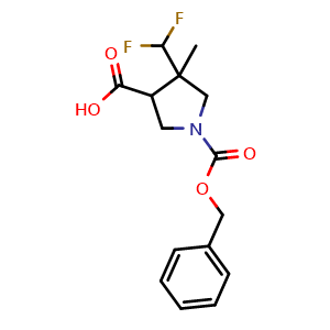 Chemical structure of 1-benzyloxycarbonyl-4-(difluoromethyl)-4-methyl-pyrrolidine-3-carboxylic acid , CAS 2639444-26-9, AChemBlock U134569