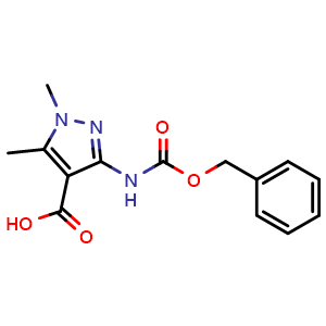 Chemical structure of 3-(benzyloxycarbonylamino)-1,5-dimethyl-pyrazole-4-carboxylic acid , CAS 2639444-27-0, AChemBlock U134570