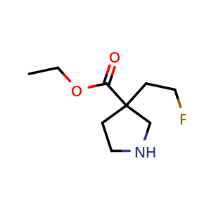 Chemical structure of ethyl 3-(2-fluoroethyl)pyrrolidine-3-carboxylate , CAS 2639449-30-0, AChemBlock U134571