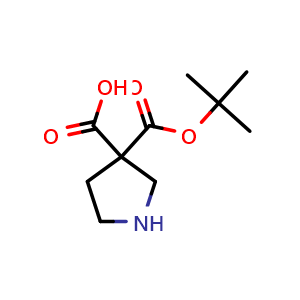 Chemical structure of 3-tert-butoxycarbonylpyrrolidine-3-carboxylic acid , CAS 2639455-97-1, AChemBlock U134573