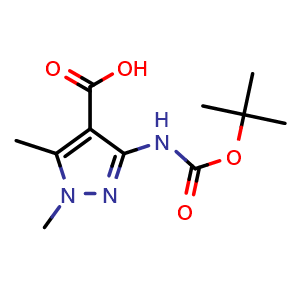 Chemical structure of 3-(tert-butoxycarbonylamino)-1,5-dimethyl-pyrazole-4-carboxylic acid , CAS 2639463-26-4, AChemBlock U134574
