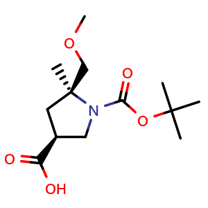 Chemical structure of (3S,5S)-1-tert-butoxycarbonyl-5-(methoxymethyl)-5-methyl-pyrrolidine-3-carboxylic acid , CAS 403856-48-4, AChemBlock U134657