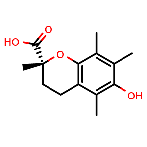 Chemical structure of (2R)-6-hydroxy-2,5,7,8-tetramethyl-chromane-2-carboxylic acid , CAS 53101-49-8, AChemBlock U134694