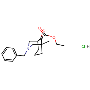 Chemical structure of ethyl 3-benzyl-5-methyl-9-oxo-3-azabicyclo[3.3.1]nonane-1-carboxylate hydrochloride , CAS 63359-13-7, AChemBlock U134749