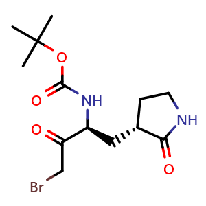 Chemical structure of tert-butyl N-[(1S)-3-bromo-2-oxo-1-[[(3S)-2-oxopyrrolidin-3-yl]methyl]propyl]carbamate , CAS 741267-62-9, AChemBlock U134793