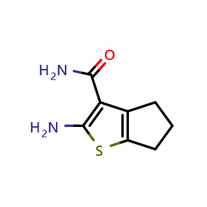 Chemical structure of 2-amino-5,6-dihydro-4H-cyclopenta[b]thiophene-3-carboxamide , CAS 77651-38-8, AChemBlock U134804