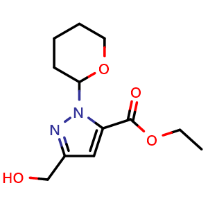 Chemical structure of ethyl 5-(hydroxymethyl)-2-tetrahydropyran-2-yl-pyrazole-3-carboxylate , CAS 847139-28-0, AChemBlock U134838