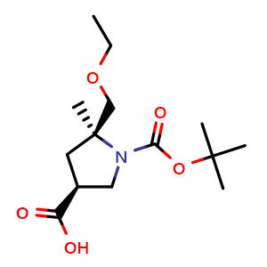 Chemical structure of (3S,5S)-1-tert-butoxycarbonyl-5-(ethoxymethyl)-5-methyl-pyrrolidine-3-carboxylic acid , CAS 852632-90-7, AChemBlock U134845