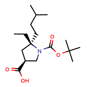 Chemical structure of (3S,5S)-1-tert-butoxycarbonyl-5-ethyl-5-isopentyl-pyrrolidine-3-carboxylic acid , CAS 852632-95-2, AChemBlock U134846