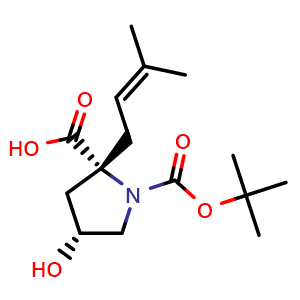 Chemical structure of (2R,4R)-1-tert-butoxycarbonyl-4-hydroxy-2-(3-methylbut-2-enyl)pyrrolidine-2-carboxylic acid , CAS 852633-11-5, AChemBlock U134847