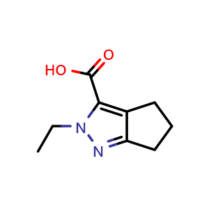 Chemical structure of 2-ethyl-5,6-dihydro-4H-cyclopenta[c]pyrazole-3-carboxylic acid , CAS 854405-79-1, AChemBlock U134849