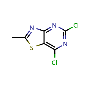 Chemical structure of 5,7-dichloro-2-methyl-thiazolo[4,5-d]pyrimidine , CAS 859796-00-2, AChemBlock U134861