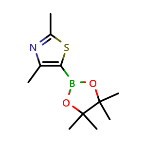 Chemical structure of 2,4-dimethyl-5-(tetramethyl-1,3,2-dioxaborolan-2-yl)-1,3-thiazole , CAS 859833-13-9, AChemBlock U134862