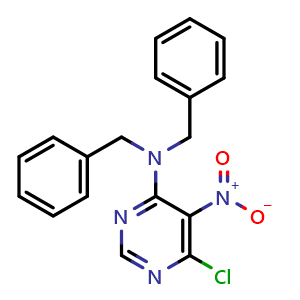 Chemical structure of N,N-dibenzyl-6-chloro-5-nitro-pyrimidin-4-amine , CAS 882272-97-1, AChemBlock U134886