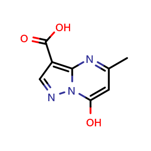 Chemical structure of 7-hydroxy-5-methyl-pyrazolo[1,5-a]pyrimidine-3-carboxylic acid , CAS 90004-30-1, AChemBlock U134906