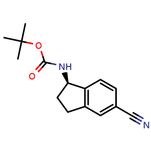 Chemical structure of tert-butyl N-[(1R)-5-cyanoindan-1-yl]carbamate , CAS 903555-99-7, AChemBlock U134907