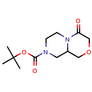 Chemical structure of tert-butyl 4-oxo-6,7,9,9a-tetrahydro-1H-pyrazino[2,1-c][1,4]oxazine-8-carboxylate , CAS 930782-76-6, AChemBlock U134938