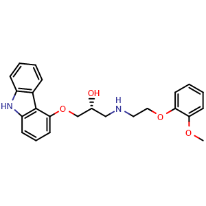 Chemical structure of (R)-1-[(4-Carbazolyl)oxy]-3-[[2-(2-methoxyphenoxy)ethyl]amino]-2-propanol , CAS 95093-99-5, AChemBlock U135061