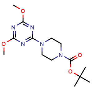 Chemical structure of 2-(4-Boc-1-piperazinyl)-4,6-dimethoxy-1,3,5-triazine , CAS 948825-19-2, AChemBlock U135068