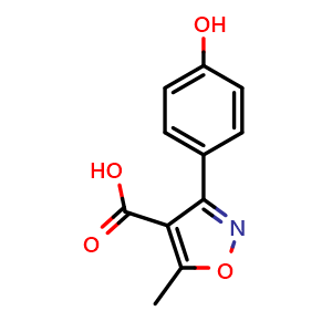 Chemical structure of 3-(4-Hydroxyphenyl)-5-methylisoxazole-4-carboxylic acid , CAS 92286-62-9, AChemBlock U135210