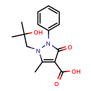 Chemical structure of 1-(2-Hydroxy-2-methylpropyl)-5-methyl-3-oxo-2-phenyl-2,3-dihydropyrazole-4-carboxylic acid , CAS 913376-56-4, AChemBlock U135252