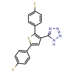 Chemical structure of 5-[2,5-Bis(4-fluorophenyl)-3-thienyl]-1H-tetrazole , CAS 908849-28-5, AChemBlock U135271