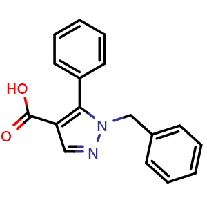 Chemical structure of 1-Benzyl-5-phenyl-1H-pyrazole-4-carboxylic acid , CAS 905590-04-7, AChemBlock U135296