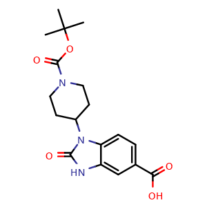 Chemical structure of 1-(1-(tert-Butoxycarbonyl)piperidin-4-yl)-2-oxo-2,3-dihydro-1H-benzo[d]imidazole-5-carboxylic acid , CAS 889941-99-5, AChemBlock U135386