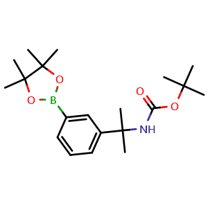 Chemical structure of tert-butyl (2-(3-(4,4,5,5-tetramethyl-1,3,2-dioxaborolan-2-yl)phenyl)propan-2-yl)carbamate , CAS 887254-69-5, AChemBlock U135416