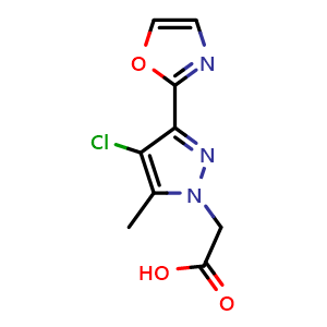 Chemical structure of 2-(4-chloro-5-methyl-3-(oxazol-2-yl)-1H-pyrazol-1-yl)acetic acid , CAS 882050-46-6, AChemBlock U135455