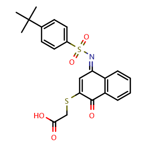 Chemical structure of 2-[[4-[[[4-(tert-Butyl)phenyl]sulfonyl]imino]-1-oxo-1,4-dihydro-2-naphthyl]thio]acetic acid , CAS 881487-77-0, AChemBlock U135463