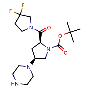 Chemical structure of (2S,4S)-1-Boc-2-(3,3-difluoropyrrolidine-1-carbonyl)-4-(1-piperazinyl)pyrrolidine , CAS 869489-00-9, AChemBlock U135531