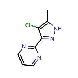 Chemical structure of 2-(4-chloro-5-methyl-1H-pyrazol-3-yl)pyrimidine , CAS 855344-89-7, AChemBlock U135600
