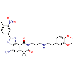 Chemical structure of 4-Amino-8-[3-[(3,4-dimethoxyphenethyl)amino]propyl]-6,6-dimethyl-2-(4-methyl-3-nitrophenyl)-3H-imidazo[4,5-h]isoquinoline-7,9(6H,8H)-dione , CAS 851658-10-1, AChemBlock U135625