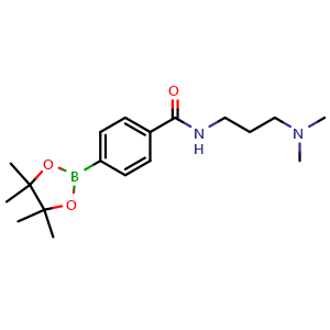 Chemical structure of n-[3-(dimethylamino)propyl]-4-(4,4,5,5-tetramethyl-1,3,2-dioxaborolan-2-yl)benzamide , CAS 832114-10-0, AChemBlock U135689