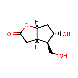 Chemical structure of (3aS,4R,5S,6aR)-5-Hydroxy-4-(hydroxymethyl)hexahydro-2H-cyclopenta[b]furan-2-one , CAS 76704-05-7, AChemBlock U135831