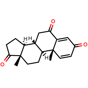 Chemical structure of (8R,9S,10R,13S,14S)-10,13-Dimethyl-7,8,9,11,12,13,15,16-octahydro-10H-cyclopenta[a]phenanthrene-3,6,17(14H)-trione , CAS 72648-46-5, AChemBlock U135962