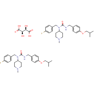 Chemical structure of 1-(4-fluorobenzyl)-3-(4-isobutoxybenzyl)-1-(1-methylpiperidin-4-yl)urea hemi((2R,3R)-2,3-dihydroxysuccinate) , CAS 706782-28-7, AChemBlock U136016
