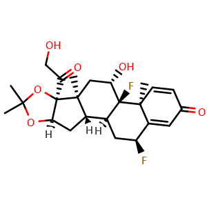 Chemical structure of (6alpha,9alpha,11beta,16beta)-6,9-Difluoro-11,21-dihydroxy-16,17-[(1-methylethylidene)bis(oxy)]pregna-1,4-diene-3,20-dione , CAS 67-73-2, AChemBlock U136089