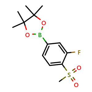 Chemical structure of 2-(3-fluoro-4-methanesulfonylphenyl)-4,4,5,5-tetramethyl-1,3,2-dioxaborolane , CAS 648904-85-2, AChemBlock U136189