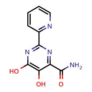 Chemical structure of 5,6-dihydroxy-2-(pyridin-2-yl)pyrimidine-4-carboxamide , CAS 519032-07-6, AChemBlock U136664